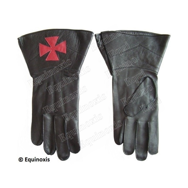 Gants cuir noir à crispins – Croix templière rouge – Taille XL