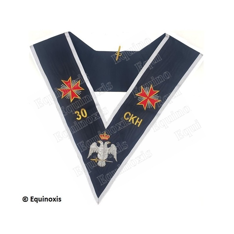 Sautoir maçonnique moiré – REAA – 30ème degré – Très Eminent Commandeur – Croix templières, CKH, aigle bicéphale – Brodé machine