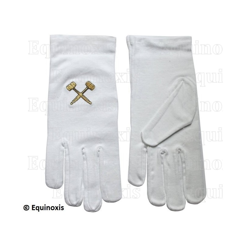 Gants maçonniques coton brodés – Maillets croisés – Vénérable Maître – Taille XXXL