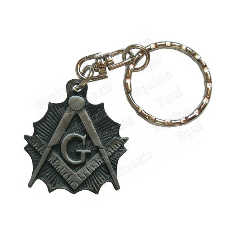 Porte-clefs maçonnique – Equerre et compas flamboyant – Argent patiné