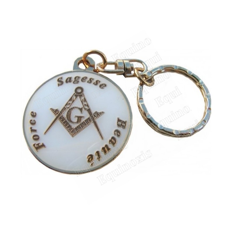 Porte-clefs maçonnique – Equerre et compas + Force / Sagesse / Beauté – Emaillé blanc