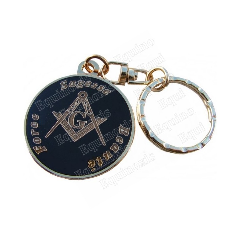 Porte-clefs maçonnique – Equerre et compas + Force / Sagesse / Beauté – Emaillé noir