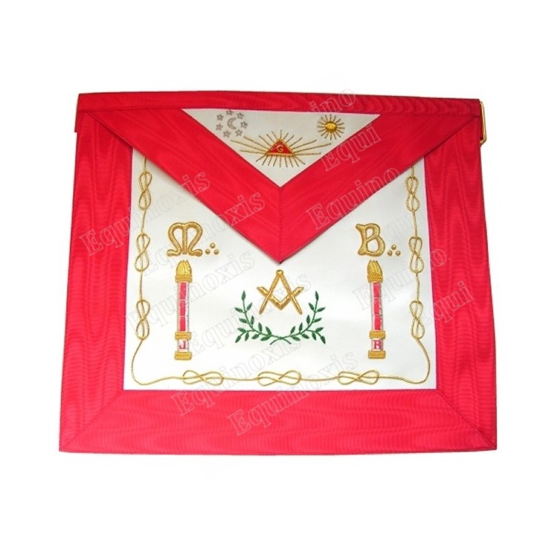 Tablier maçonnique en cuir – REAA – Maître – Colonnes + Lune et soleil + MB + Lacs d'Amour