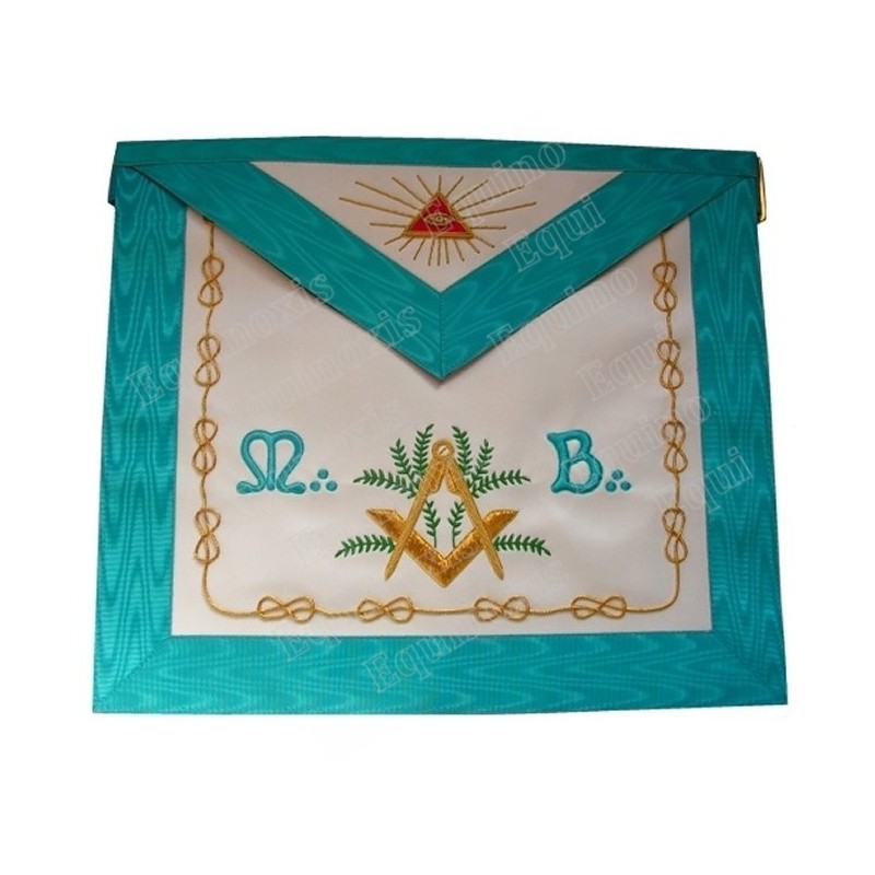 Tablier maçonnique en cuir – Rite Français Groussier – Maître – Equerre et compas + Acacia vert + MB