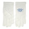 Gants maçonniques coton brodés – Equerre et compas avec acacia – Broderie bleue – Taille S