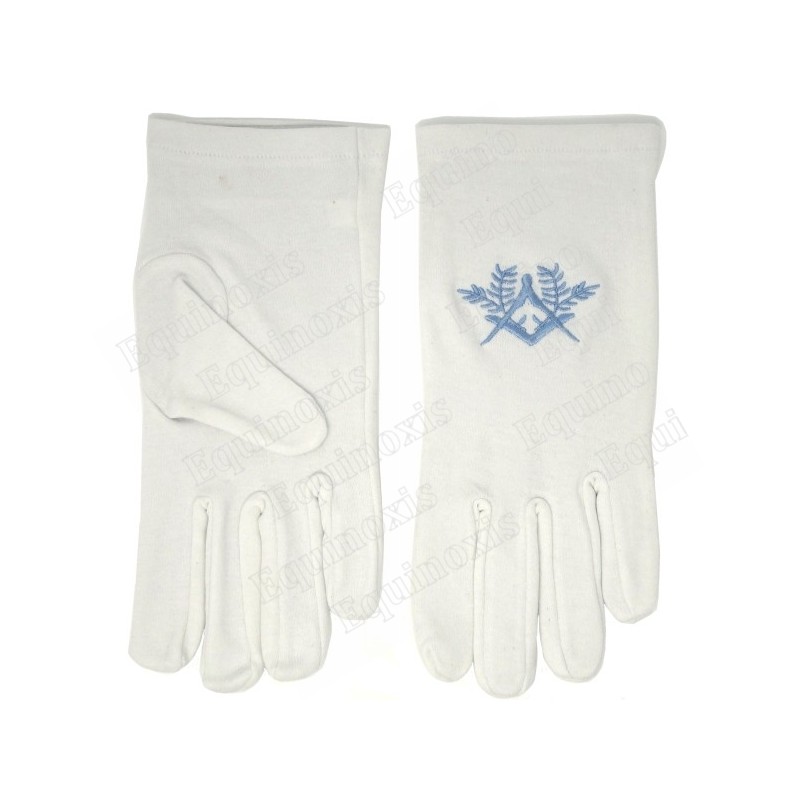 Gants maçonniques coton brodés – Equerre et compas avec acacia – Broderie bleue – Taille XXL