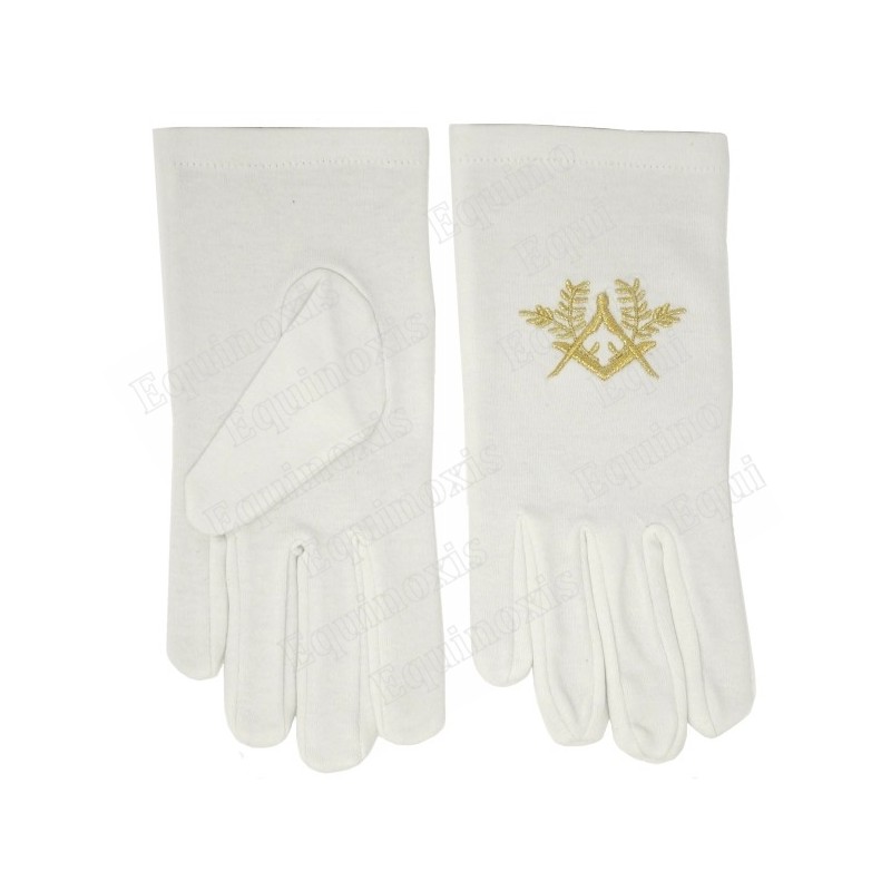 Gants maçonniques coton brodés – Equerre et compas avec acacia – Broderie dorée – Taille M