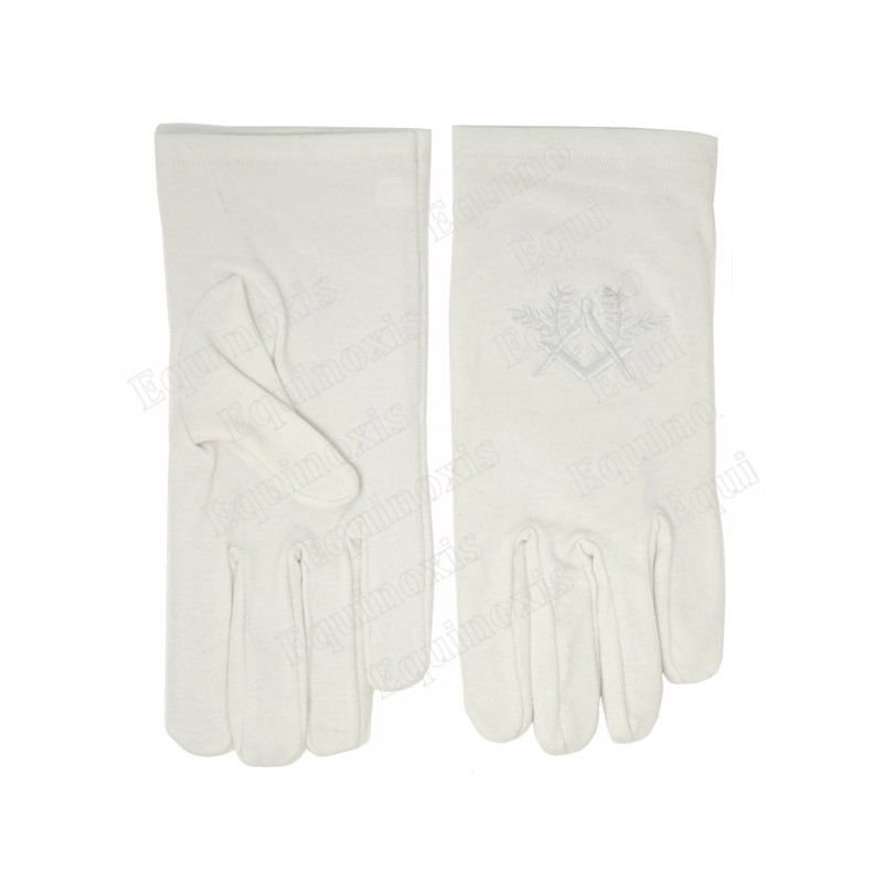 Gants maçonniques coton brodés – Equerre et compas avec acacia – Broderie blanche – Taille XS