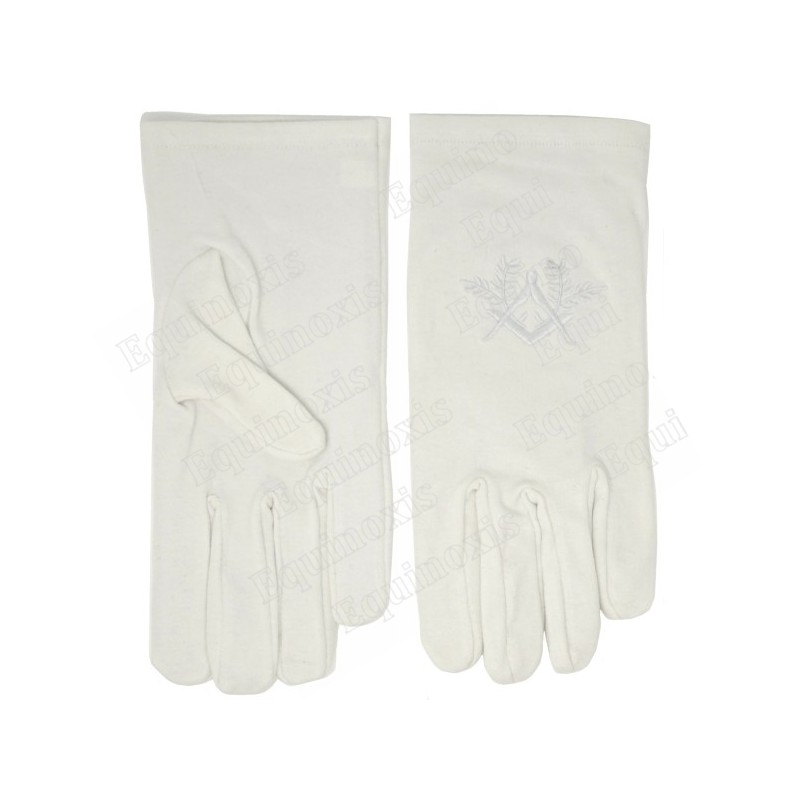 Gants maçonniques coton brodés – Equerre et compas avec acacia – Broderie blanche – Taille M