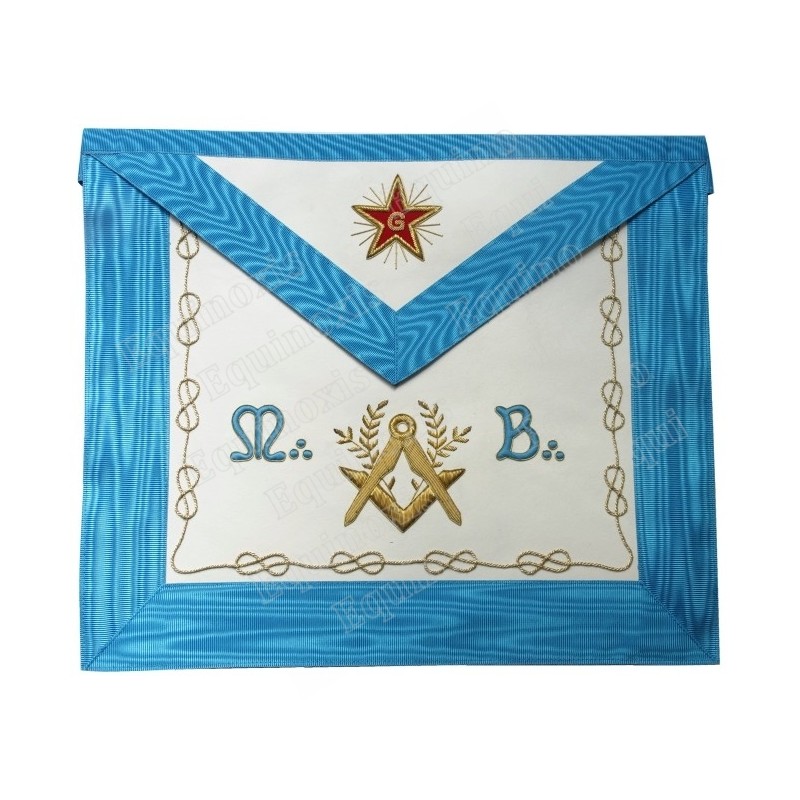 Tablier maçonnique en cuir – Rite Français Groussier – Maître – Equerre et compas + Acacia + MB + Etoile flamboyante