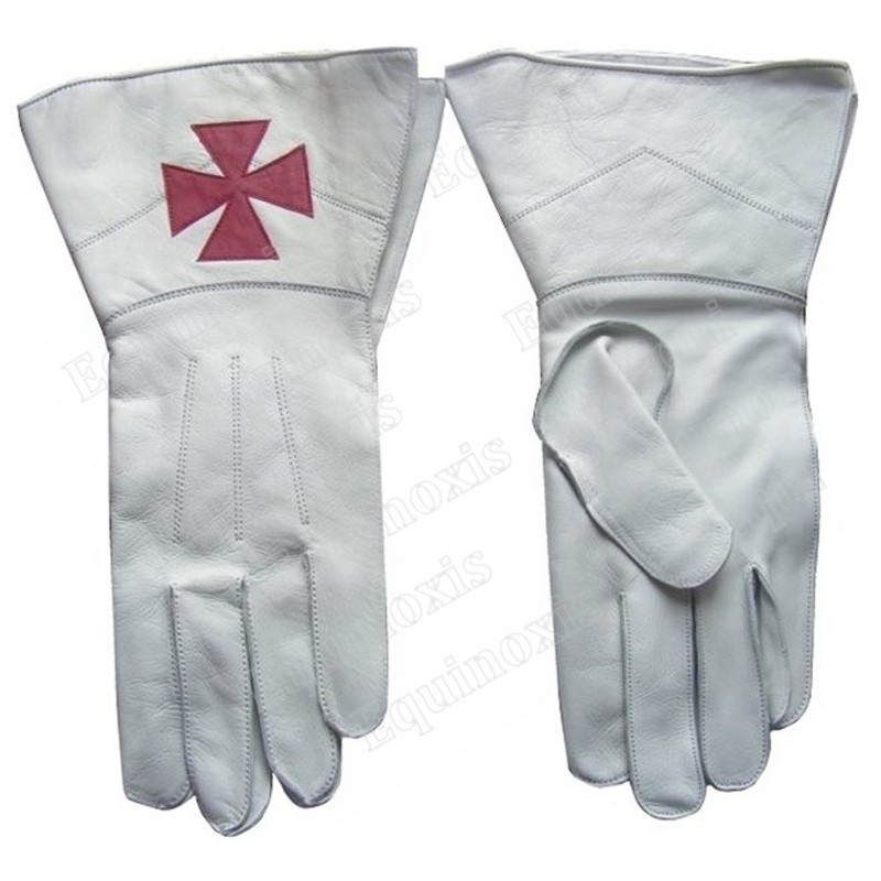 Gants cuir blanc à crispins – Croix templière rouge – Taille XL