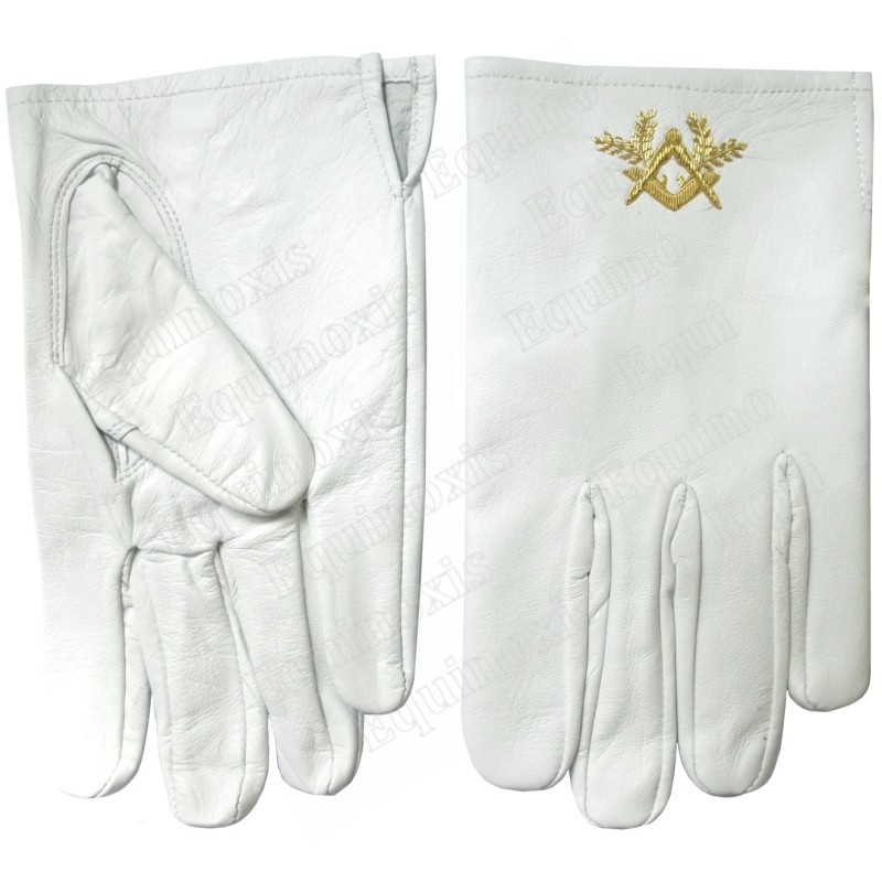 Gants maçonniques cuir blanc – Equerre et Compas dorés – Taille XL
