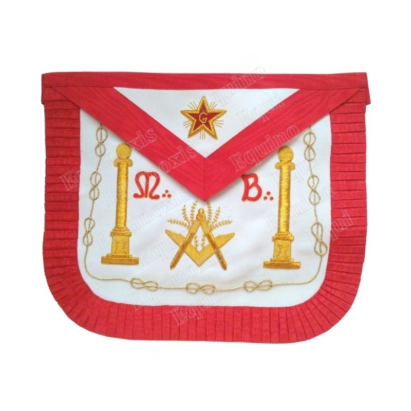 Tablier maçonnique en cuir – REAA – Maître – Equerre et compas + acacia + colonnes – Dos deuil