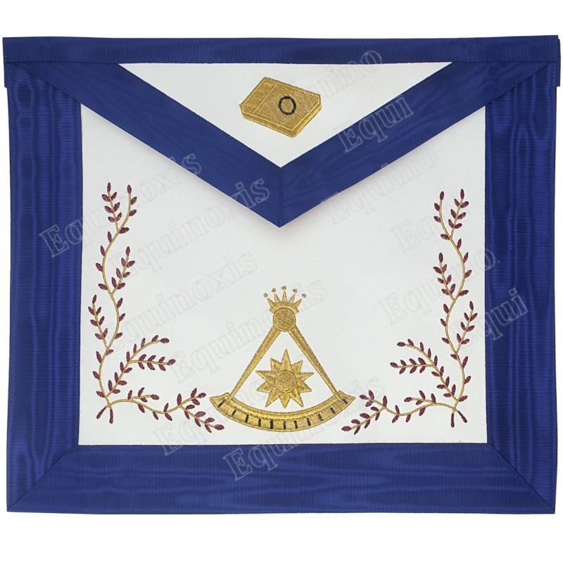 Tablier maçonnique en faux cuir – REAA – 14ème degré – Feuilles et dos rouges – Brodé machine